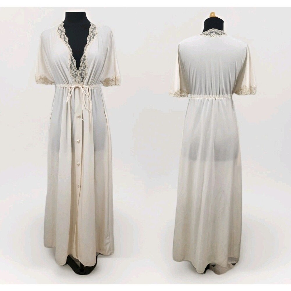 Vintage Shadowline Ivory Nylon Lace Button Front Robe Tie Waist Flare Sleeve SML